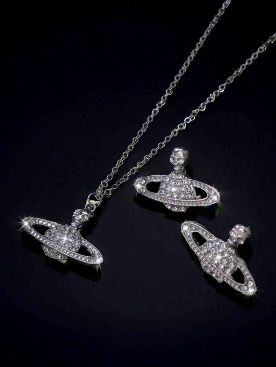 1 Set Classic Fashion Delicate Rhinestone Pendant Necklace And Earring Set