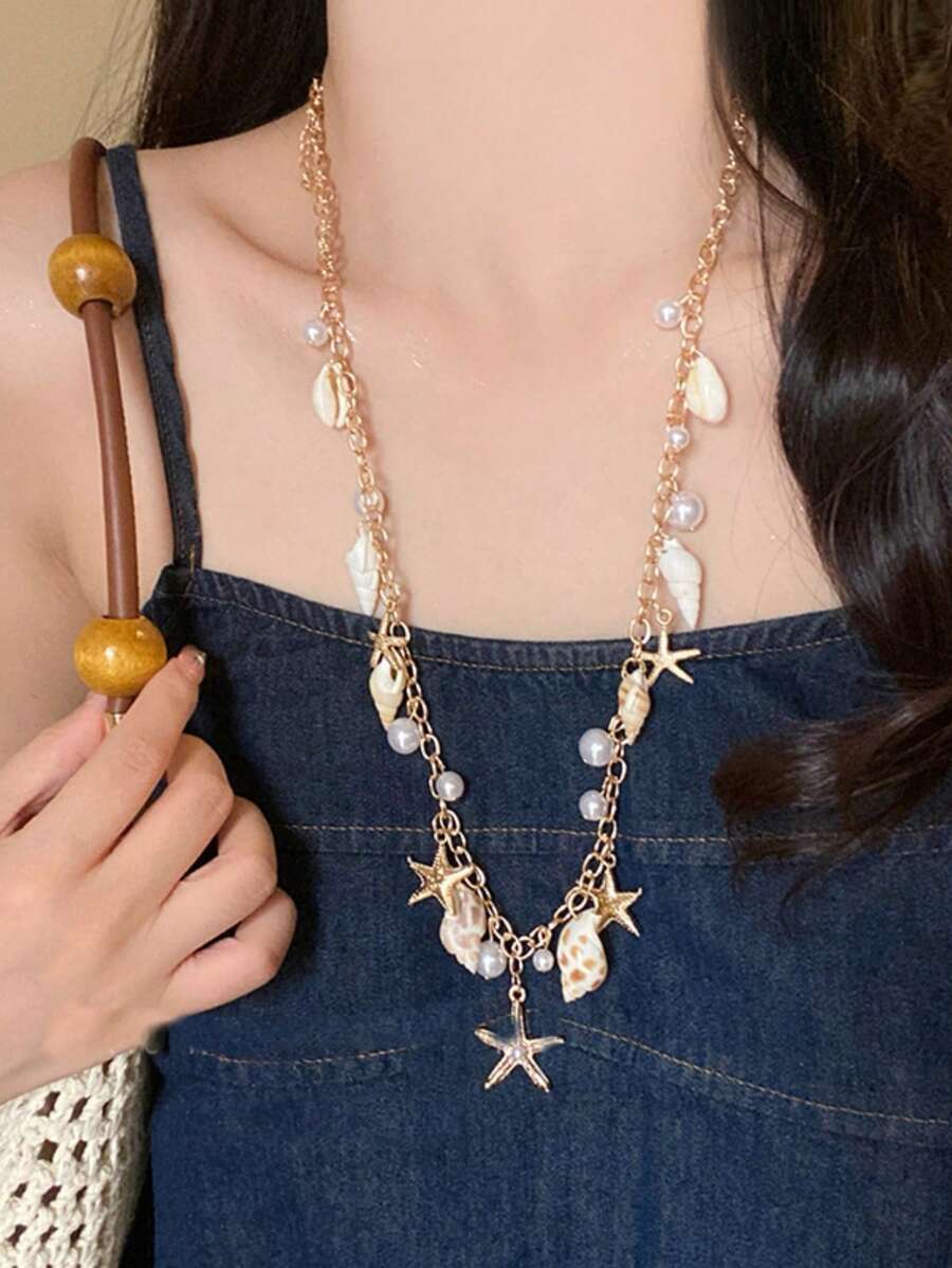 1pc Fashionable, Exquisite, Luxury Summer Beach Resort Style Starfish, Shell, Seashell, Pearl Decor Long Necklace For Women, Daily & Beach Outfit Jewelry