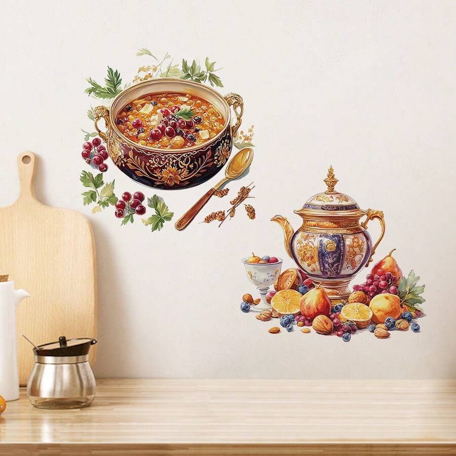 1 Piece, Kitchen Decoration Sticker, With Soup Pot Spices, Teapot Fruit Design, PVC Waterproof And Removable, Suitable For Kitchen, Dining Room, Cabinet Stickers Kitchen Accessories Kitchen Items Wall Paper Wallpaper Wall Decor Wall Stickers Wall Sticker