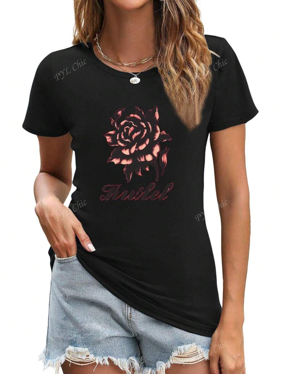 Maglie da donna a maniche corte, magliette estive con stampa grafica, girocollo, casual, moda di base
