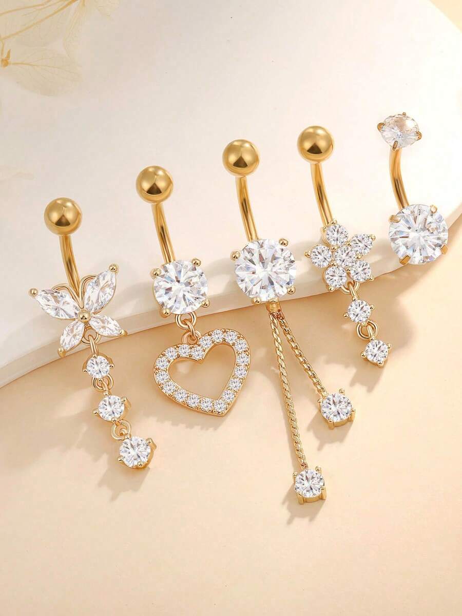 Set de 5 piezas de 14g de barras de ombligo de acero inoxidable con aros colgantes de ombligo para mujer, joyería de perforación con colgantes de corazón, flor y mariposa en plata y oro