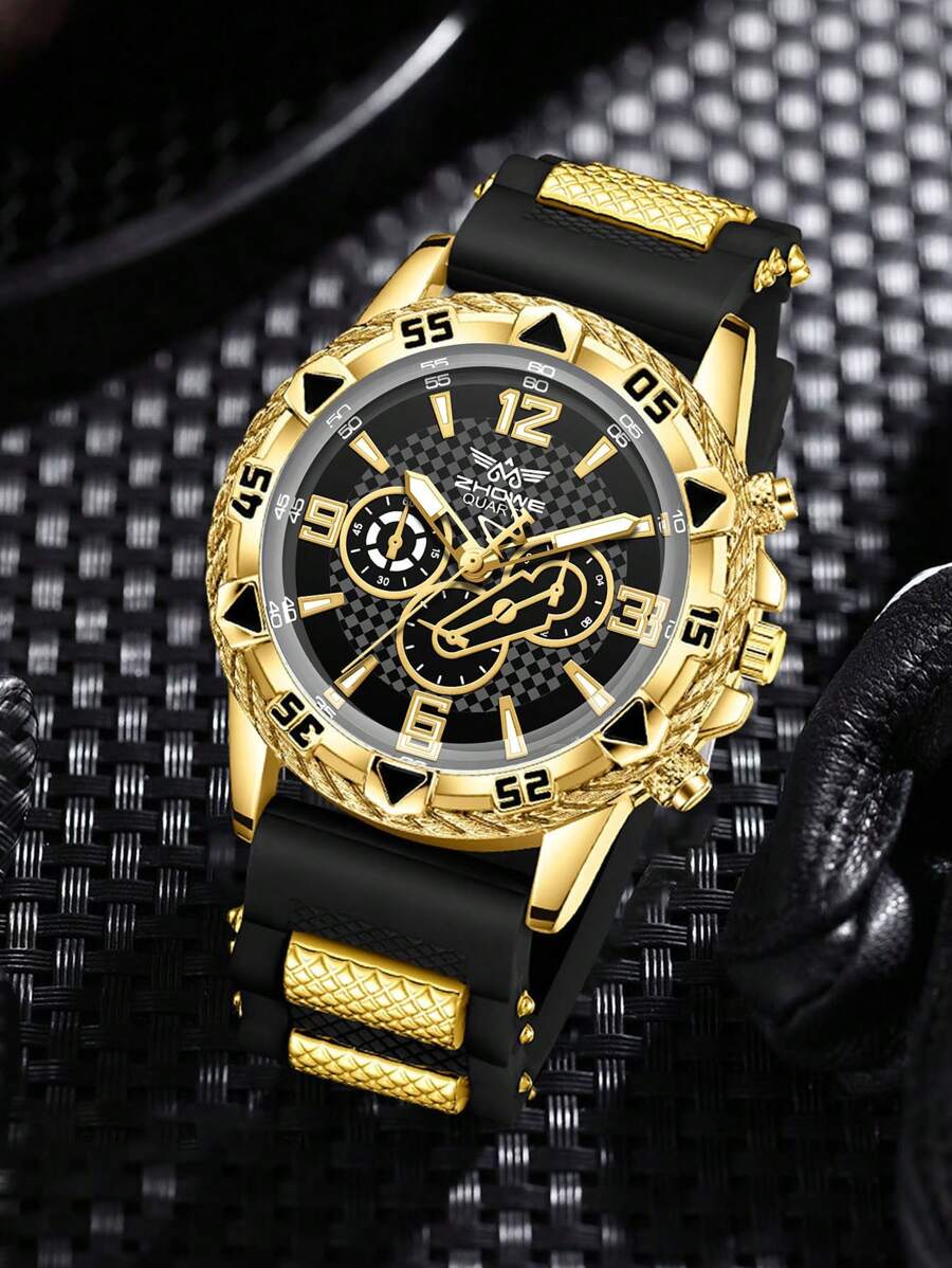 1 pieza Correa de silicona negra, reloj de pulsera casual de deportes con esfera mixta, reloj de cuarzo para uso diario o regalo de vacaciones