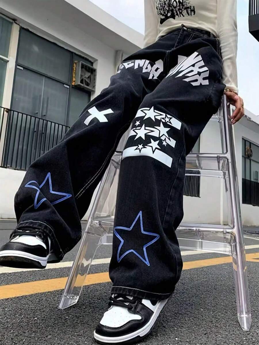 Women's Fashionable Wide Leg Elastic Waist Jeans, Versatile Street Style Denim Pants