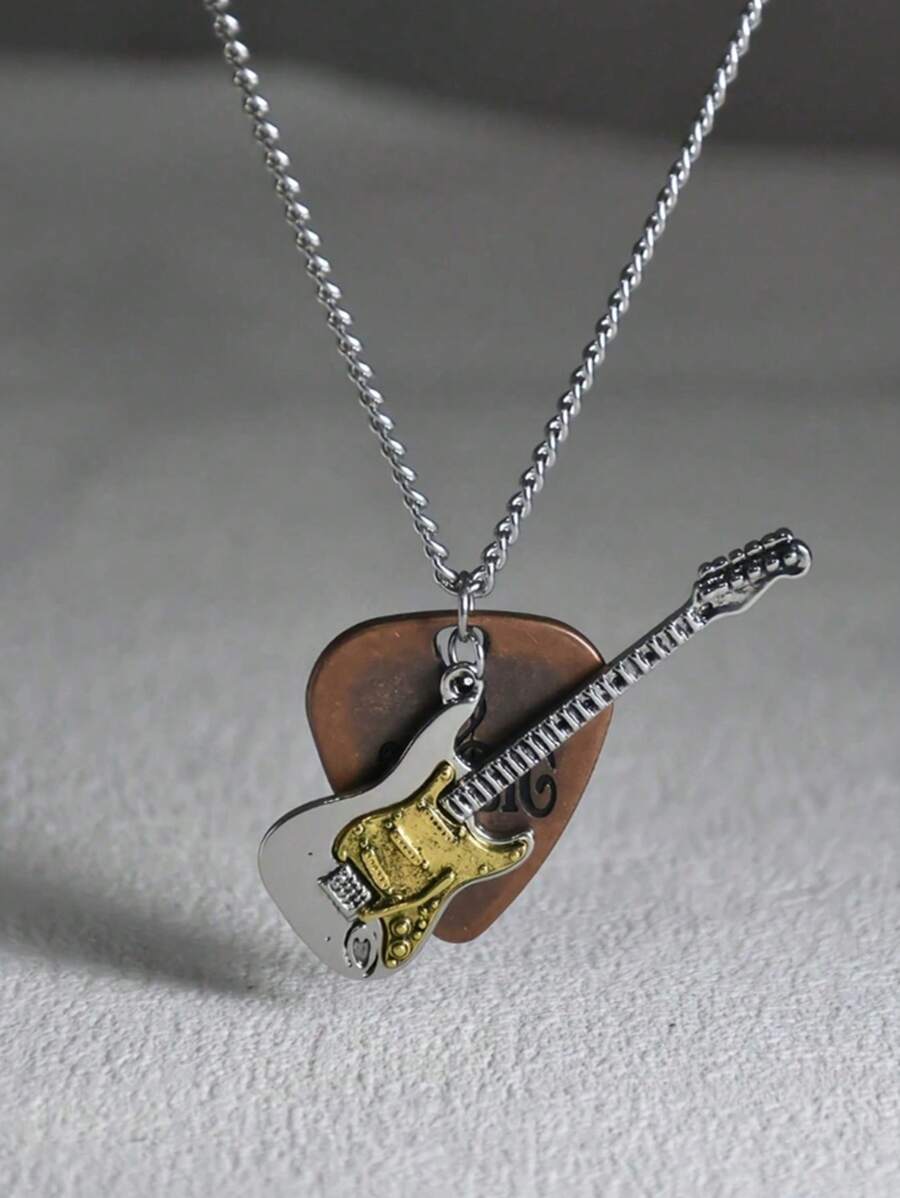 1 Stück Vintage Gitarren Plektrum Anhänger Halskette mit rostfreier Stahlkette, Punk Rock Stil Unisex perfektes Alltagsgeschenk