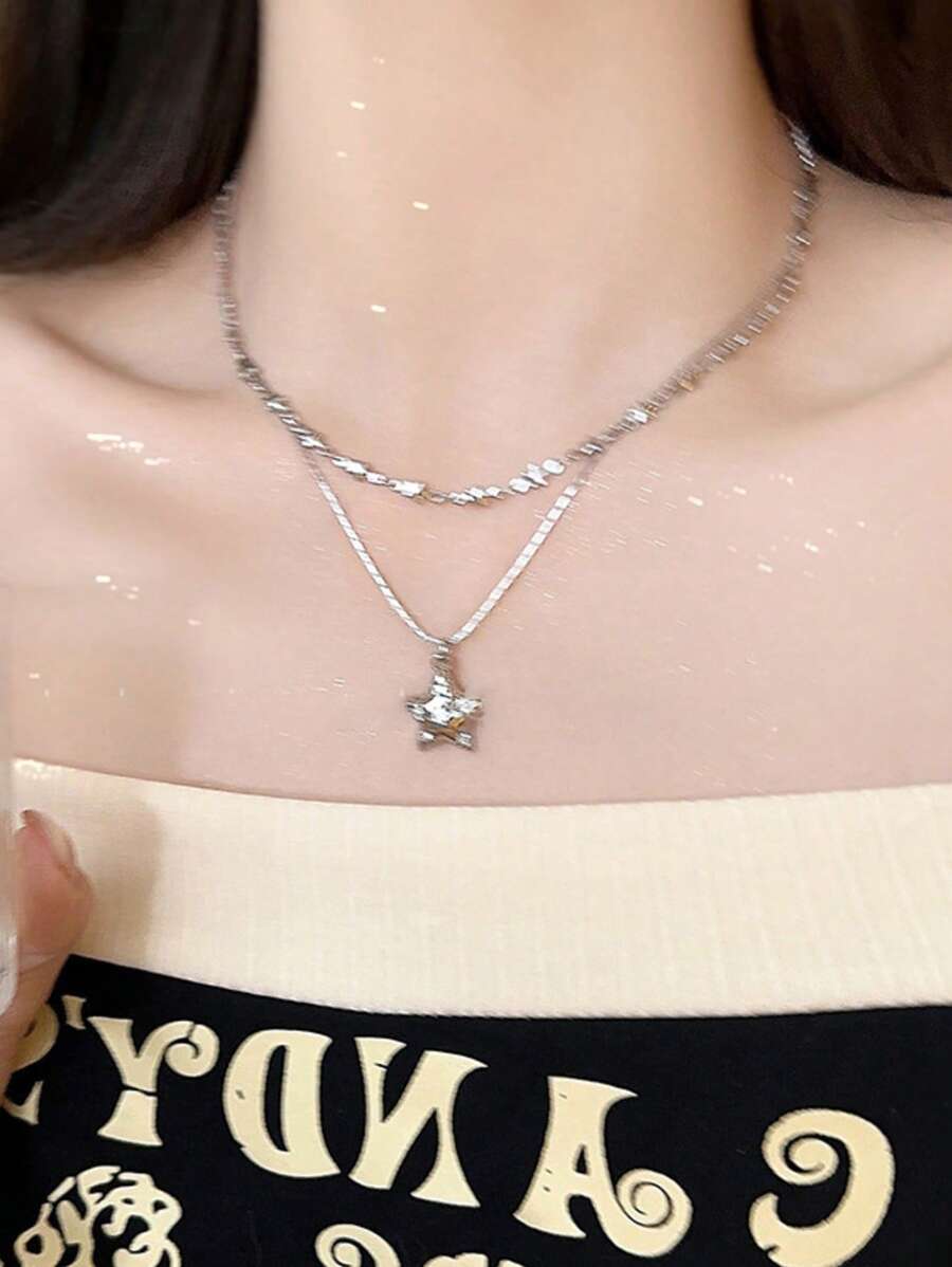 2 Stücke Y2K Stern Doppelschicht Halskette, süßer und cooler Mädchen Mode Schlüsselbein Kette, kleines Design Hals Accessoire