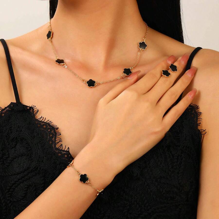 3pcs Simple Classic Lucky 4-Leaf Clover Pendant Necklaces Set, Women Jewelry Set