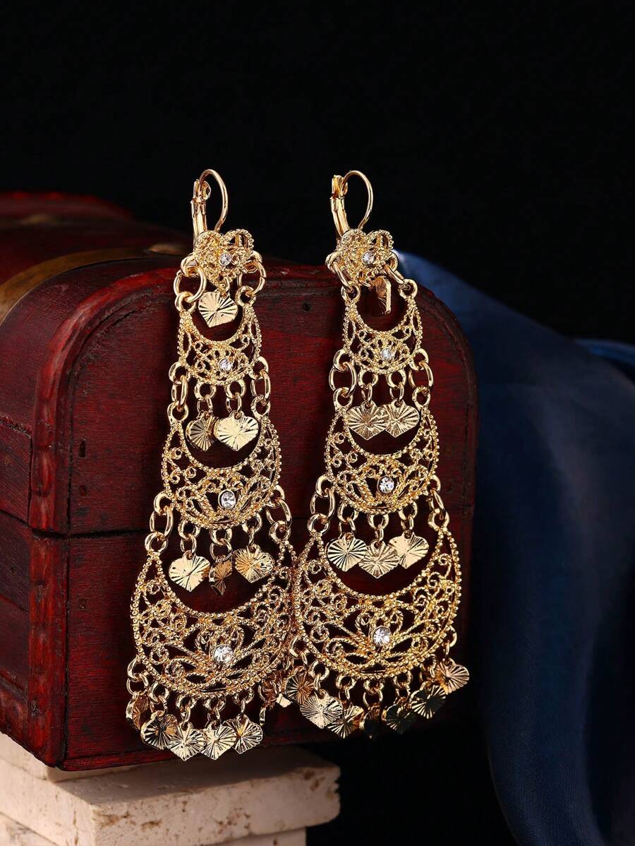 1 Par de brincos de metal estilo marroquino da moda para mulheres, design em formato de lua crescente entalhada vazada com fluxo de coração, joia de presente de aniversário de festa para senhoras árabes
