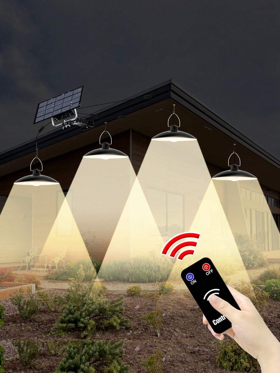 LED Hof-Pendelleuchte mit Fernbedienung, Solar Panel, wasserdicht, Dämmerungs-Sensor, Auto An/Aus, für Außen, Garten, Haus, Terrasse, Straßenbeleuchtung, Aufladen durch Sonnenlicht, für Scheune, Wand, Hängen, Schuppen, Flutlicht, tragbar, Camping, Zelt, Teich, Fischen, Park, Weg, Nachtsicherheit, Notbeleuchtung, 1/2/3/4 Leuchten, Kalt-/Warmweiß