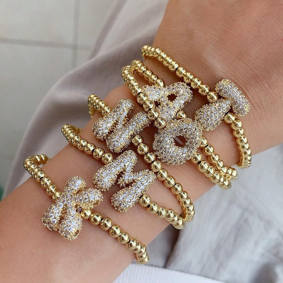1pc, 18k Gold Plated A-Z Initial Bubble Bracelet Classic Fashion CZ Pave Charm Beads Stretch Design Gift