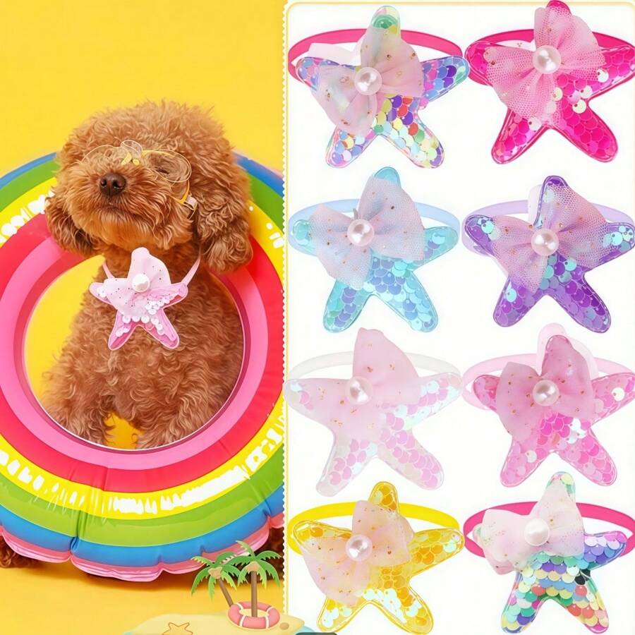 5 Stück bunte Seestern Fliegen für Haustiere - mit glitzernden Pailletten und Perlen Dekor, Hundehalsband, Katzenhalsband, geeignet für Hunde und Katzen, lustige Sommer Zubehör für Haustiere, Haustierbedarf (zufällige Stile und Farben)