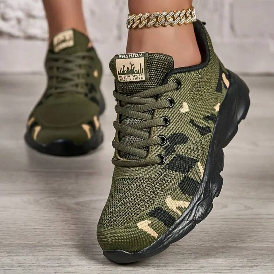 2025 Women's Fashion, Comfortable, Versatile, Breathable, Camouflage, Athleisure Shoes, Running Shoes, Walking Shoes, Lace-Up Lightweight Road Running Shoes