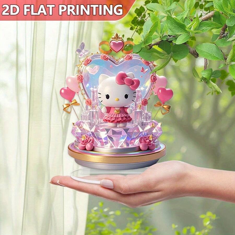 Sanrio 1 Piece 6.29*7.87in(16*20cm)Sanrio Hello Kitty Acrylic Decorative Standing Plaque Ornament, 2D Flat Printing, Roses & Heart Crystals & Pink Balloons - Art Collectibles, Pink Romantic Theme, Suitable For Party Decoration, Home Decoration,