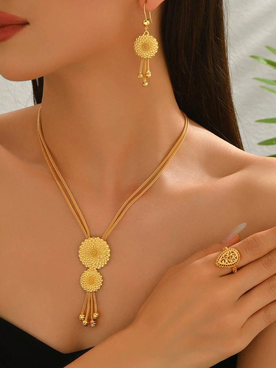3 Stücke/Set goldplattierter eleganter floraler Quasten-Halsketten- und Ohrringe-Schmuckset, geeignet für Frauen Party, Hochzeit, Festliche Anlässe