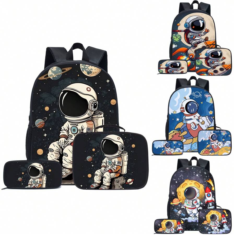 Cute Astronaut Pattern Pen Case, Meal Bag Combination Set, Suitable For All Occasions, Comfortable Adjustable Shoulder Strap, Multi-Functional, Perfect For Play, Perfect Gift, Back-To-School Season