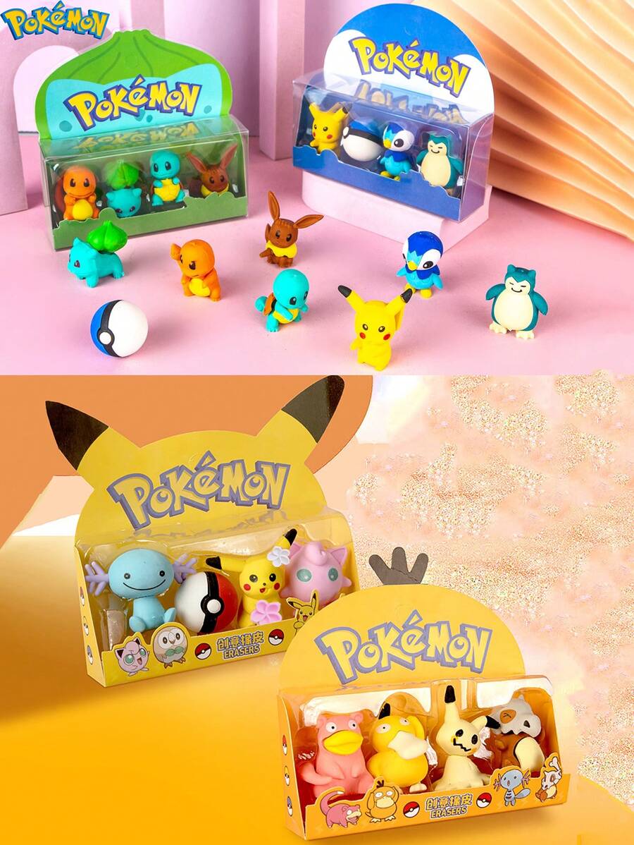 pokemon 4pcs Pokemon, Eraser Ornaments Set, Birthday Gift Toys, Handmade Set, Is An Ideal Gift For Enjoyment, Parties And Collectors, Suitable For Birthday Party Decoration. Features: Can Be Used As An Ideal Gift Cartoon, A Must-Have In Summer, Suitable For Summer Parties, Birthday Parties, Christmas, Halloween, Thanksgiving Parties To Give Or Use