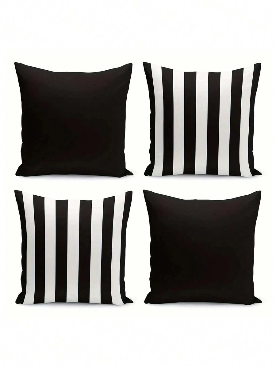 Capas de almofada contemporâneas listradas em preto e branco com fecho de zíper (1/2/4 peças) - Fronhas decorativas de poliéster laváveis à máquina, adequadas para sofá, cama, carro e decoração de casa - perfeitas para vários tipos de cômodos