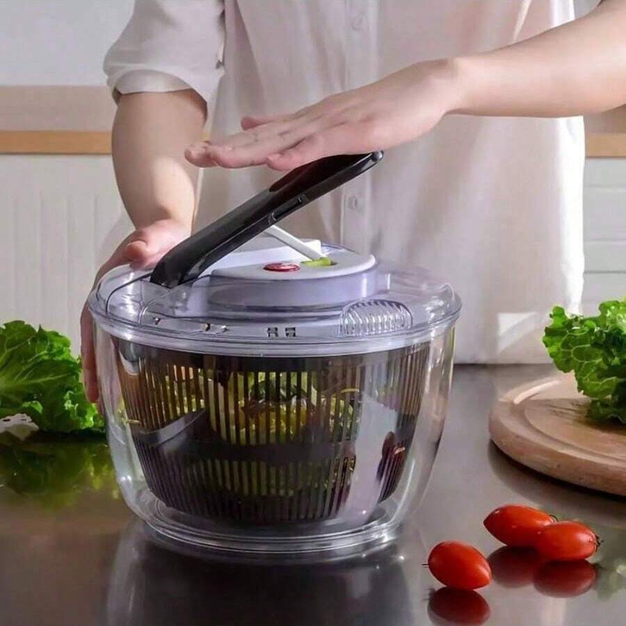 1pc Manual Press-Type Salad Spinner & Vegetable Dryer | Large-Capacity Drain Basket | High-Speed Dehydration, Hands-Free | Kitchen Tool For Fruits And Vegetables
