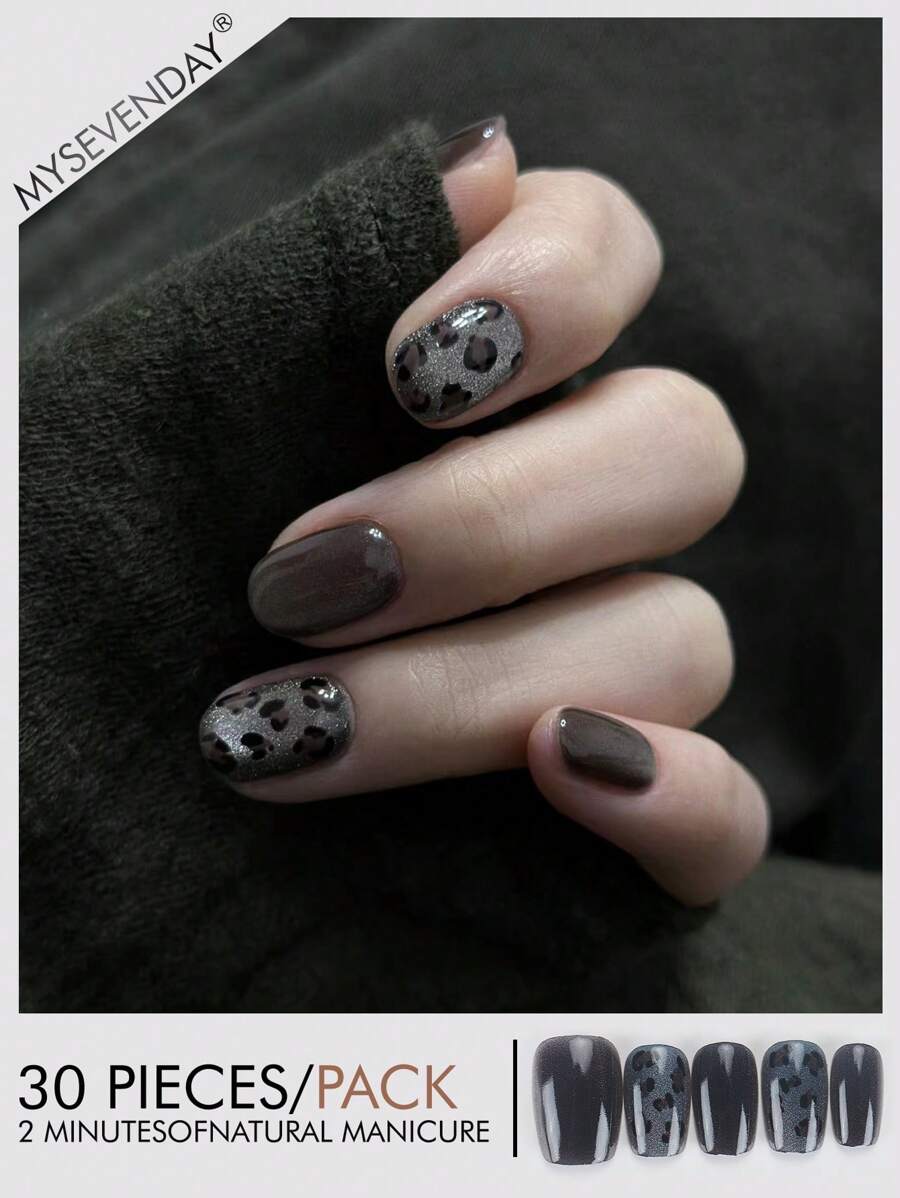 30 Pieces Of Short Coffin Shaped Pressed Fake Nail Patches, Leopard Print Cat Eyes Sweet And Cool Japanese And Korean Style Women's Fingernail Patches, New And Fashionable Fingertips, Matched With 1 Piece Of Jelly Glue And 1 Piece Of Rubbing Strip, Suitable For Women's Parties, Dances, Daily Casual Wear, Detachable And Reusable Wear