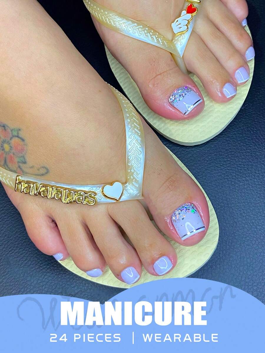24pcs Short Square Press On Toenails French White Tip With Silver Glitter Sparkle Simple Elegant Full Cover Summer Toe Nails /Jelly Glue & Nail File Reusable For Women Girls