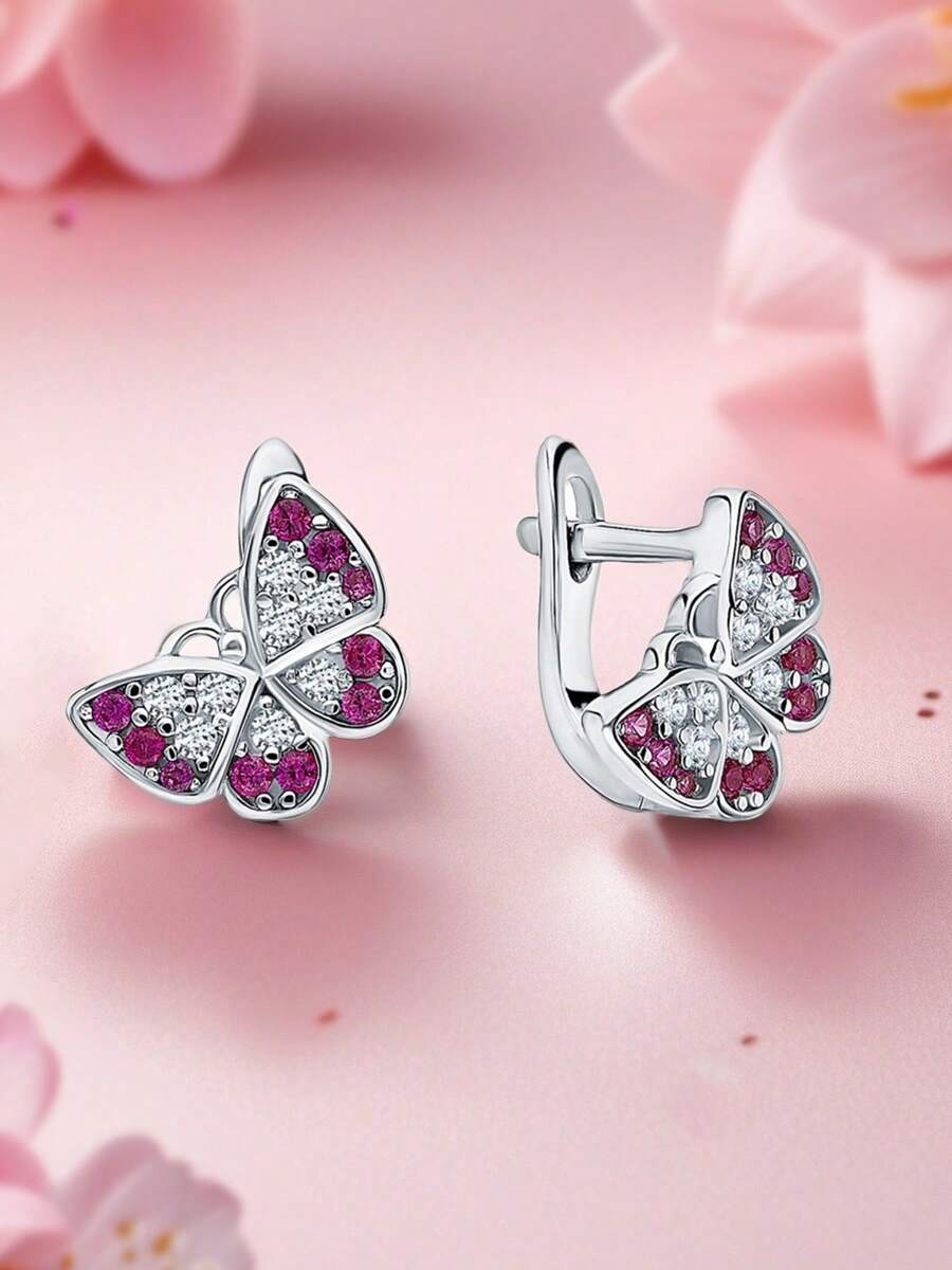 1 Paar 925 Sterling Silber Hypoallergene rosa Schmetterling Ohrringe - elegant besetzt mit funkelndem rosa synthetischem kubischem Zirkonia, zierlich und charmant. Perfekt für mädchenhafte Frühjahr-/Sommer-Alltagstragen oder Partys, ein ideales Geburtstags-/Feiertagsgeschenk für Töchter oder Enkelinnen