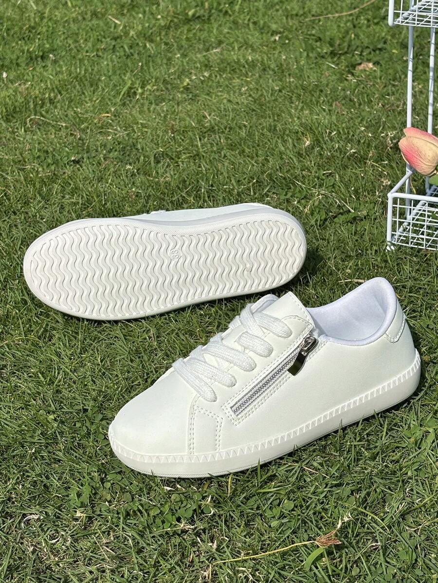 1 Pair Kids PU Leather Lace-Up Side Zipper Classic Student Shoes, Thick Sole Non-Slip Wear-Resistant Comfortable Soft Bottom Casual Sports Sneakers, Suitable For All Seasons