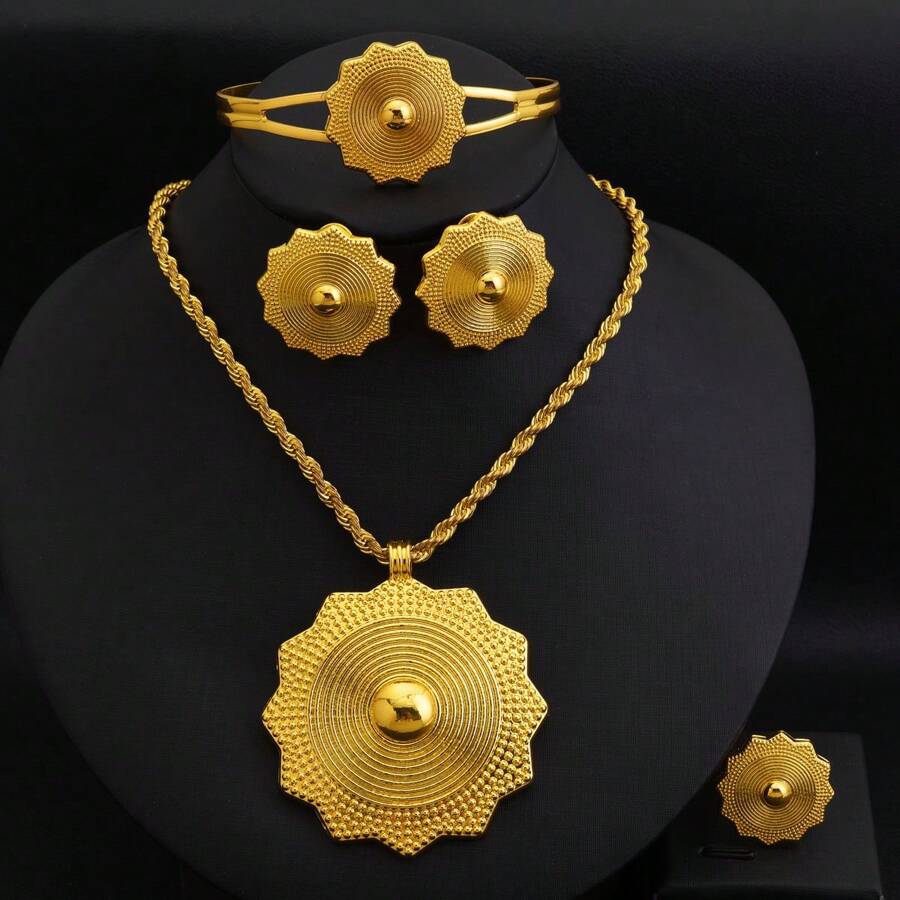 Set de 4 piezas de joyas de mujer de color dorado: collar geométrico poligonal, anillo, aretes y pulsera. Un regalo tradicional africano árabe para la novia.