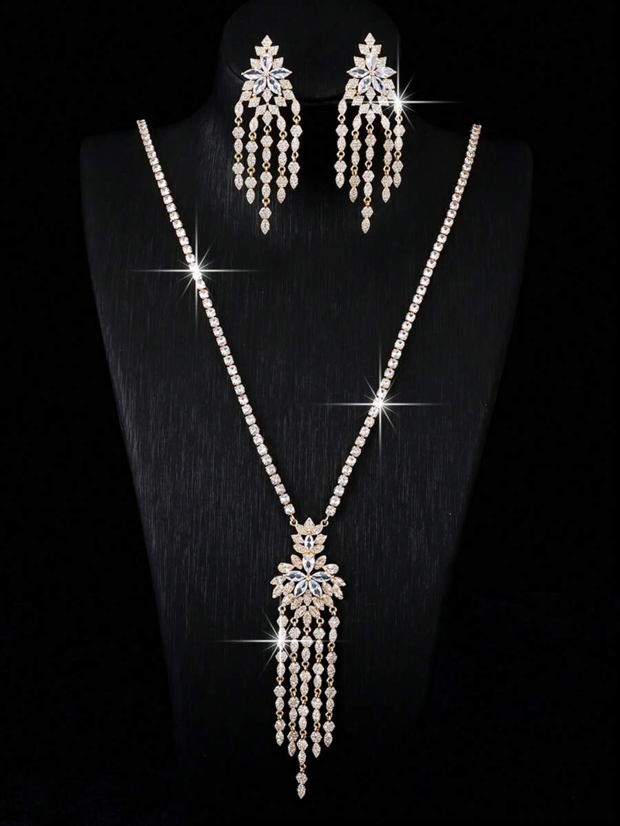 2PCS Luxury Jewelry Set, Elegant Tassel Necklace And Earrings Jewelry Set, Perfect For Party, Banquet And Women Gift, Jewelry Box