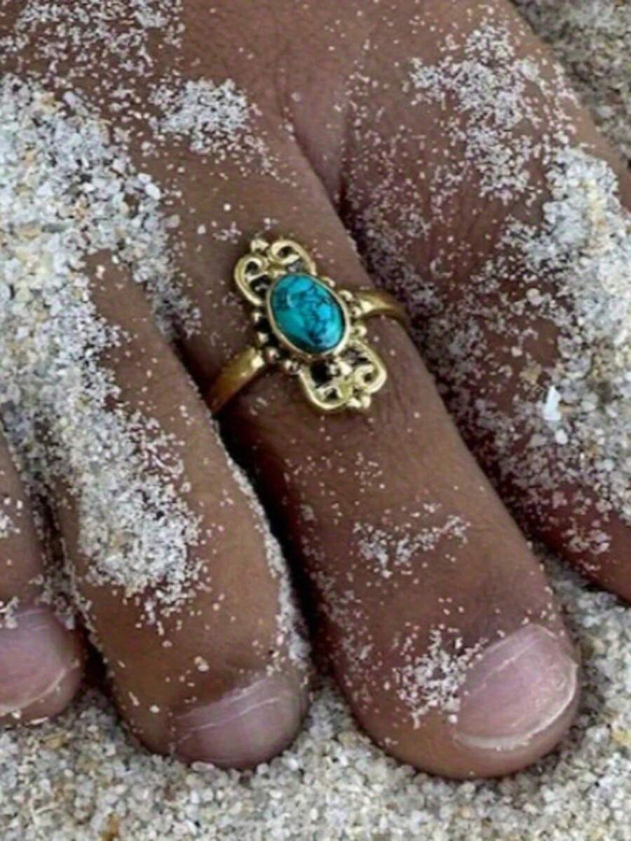 1 pieza Tobillera ajustable con incrustaciones de turquesa falsa, anillo para el pie de tono dorado vintage de cobre con acabado hueco, adecuado para mujeres, uso diario, vacaciones en la playa, fiestas