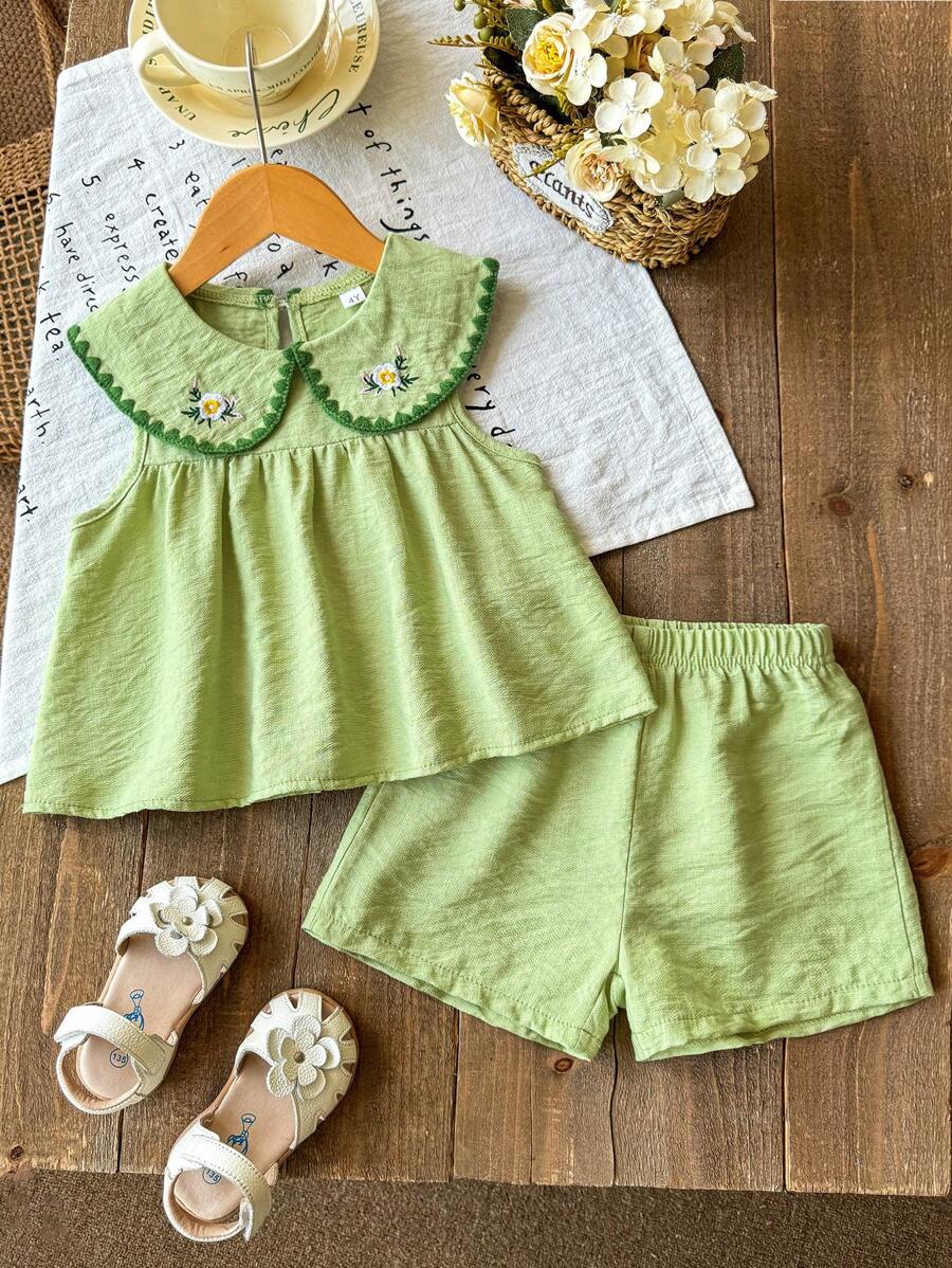 2pcs Girls Floral Embroidered Outfit Set 2025 - Peter Pan Collar Top & Elastic Waist Shorts, Toddler Play Clothes (Age 2-3,4-5,6-7Y)