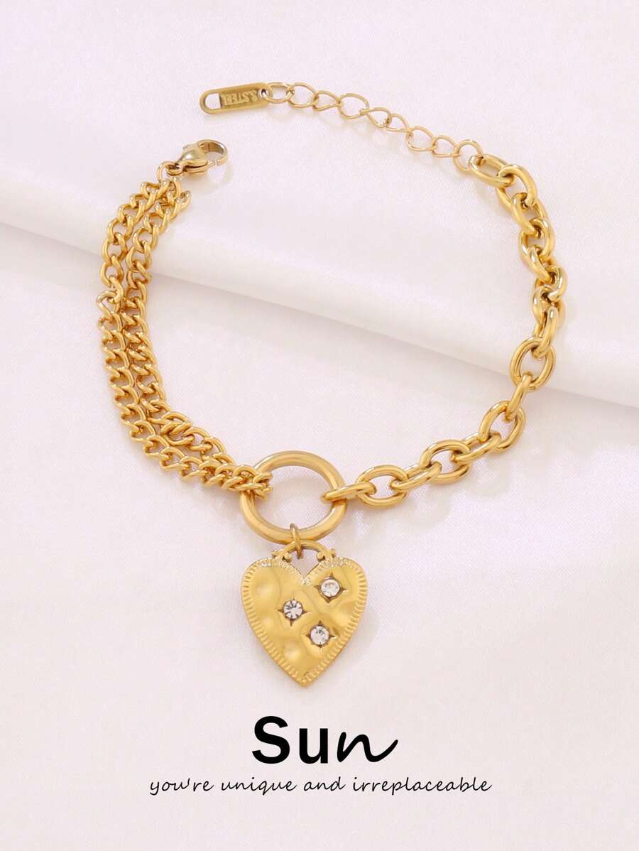 1 pièce Bracelet pendant cœur en acier inoxydable pour femmes, design de mode avec charms en zircone, chaîne de bracelet étanche, bijoux