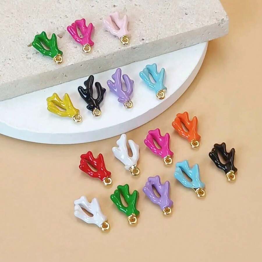 10pcs Fashionable Painted Metal Coral Shaped Pendants, DIY Jewelry Accessories For Earrings & Necklaces