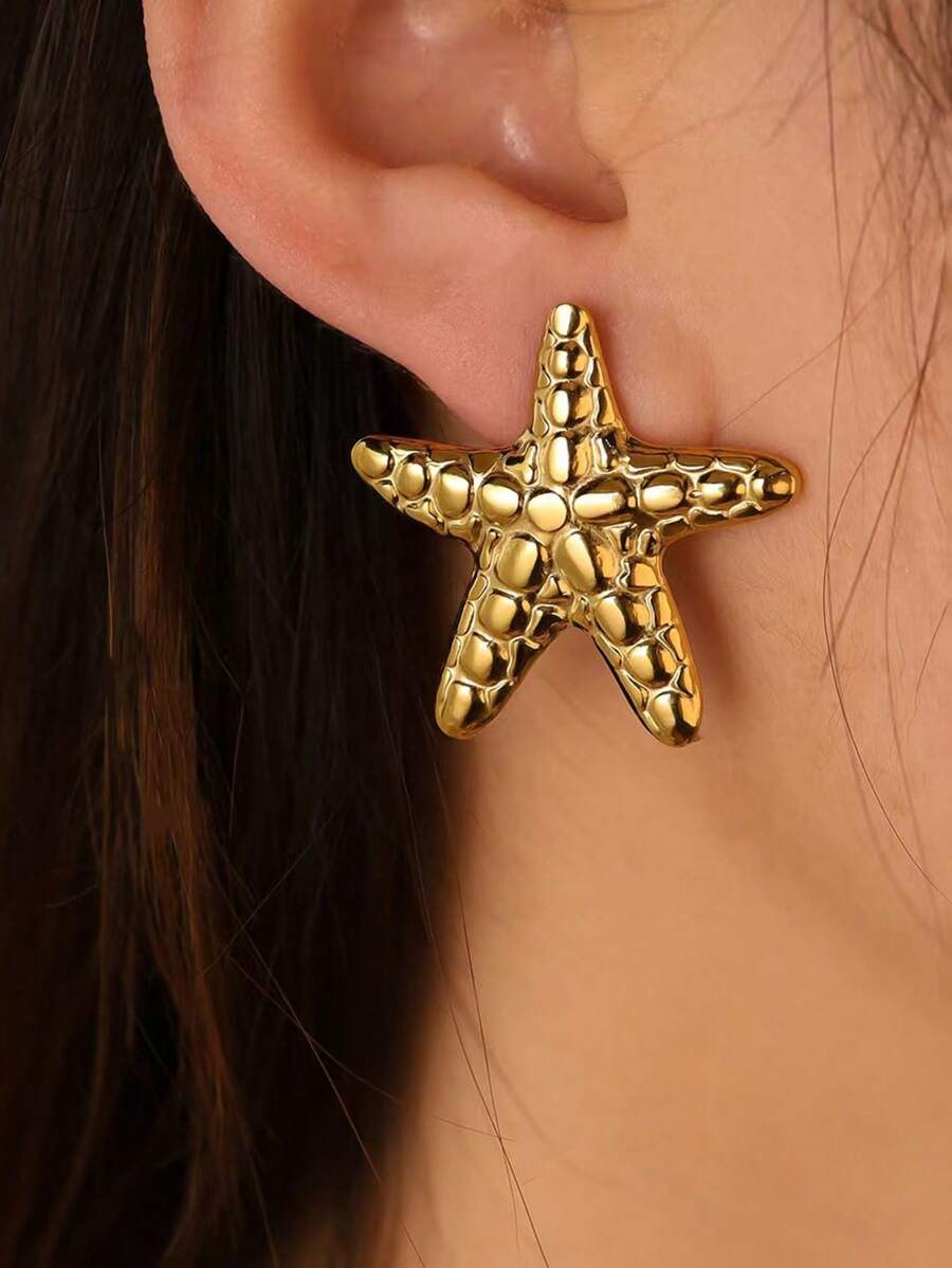 1 par de brincos de tarraxa minimalistas com design de tambor assimétrico e estrela do mar para mulheres, uso diário