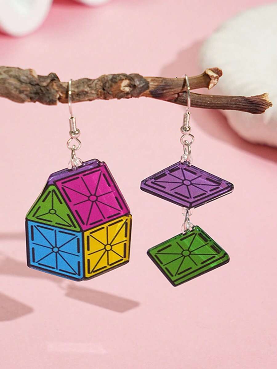 2pcs House Shaped Geometric Acrylic & Metal Dangle Earrings, Fashionable & Cute For Women Party