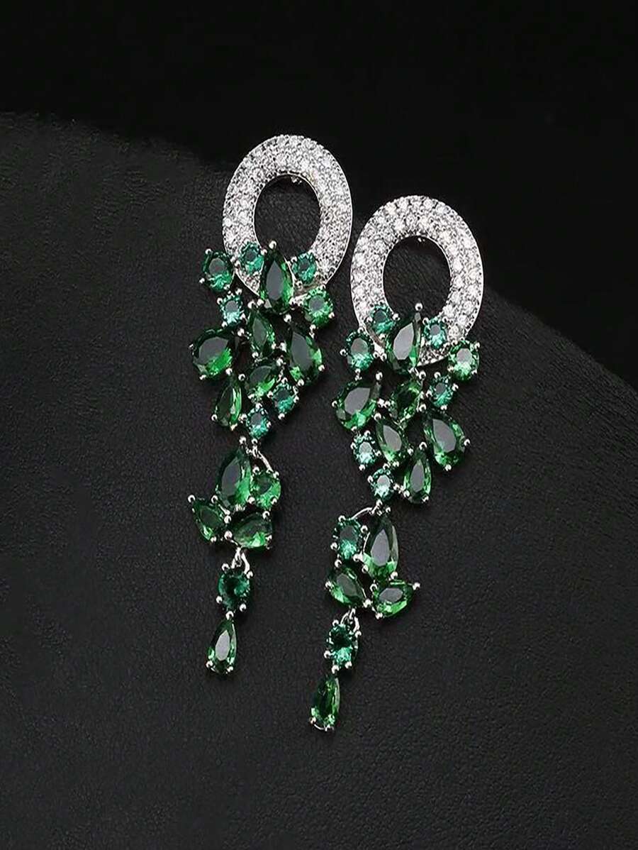 1 Pair Luxury Elegant Zirconia Wrapped Leaf Design Dangle Earrings For Women, Suitable For Wedding Wear Or Gift