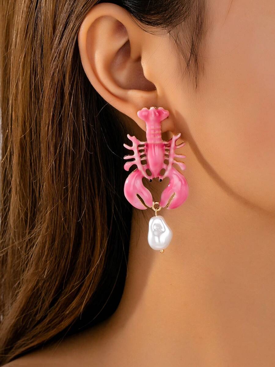1 Pair Summer Ocean Beach Style Enameled Lobster Earring , Crayfish Crawfish Post Earrings , Creative Fashionable Women Jewelry Suitable For Beach , Travel , Vocation