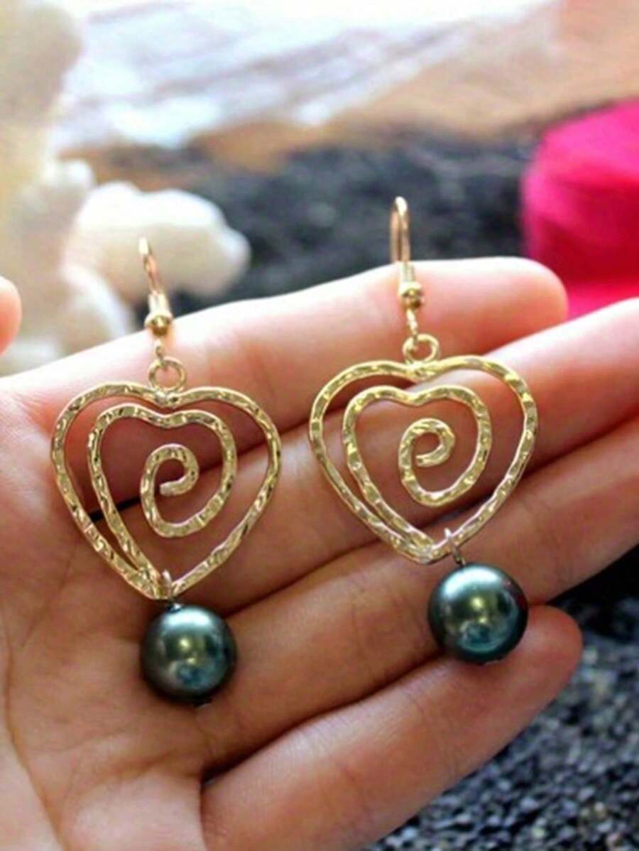 2 piezas Pendientes en forma de corazón hueco en espiral, pendientes dorados de estilo bohemio con perlas falsas de color verde pavo real, elegantes para mujer, aptos para uso diario, citas, verano, playa, fiesta, regalo de festival, regalo de joyería