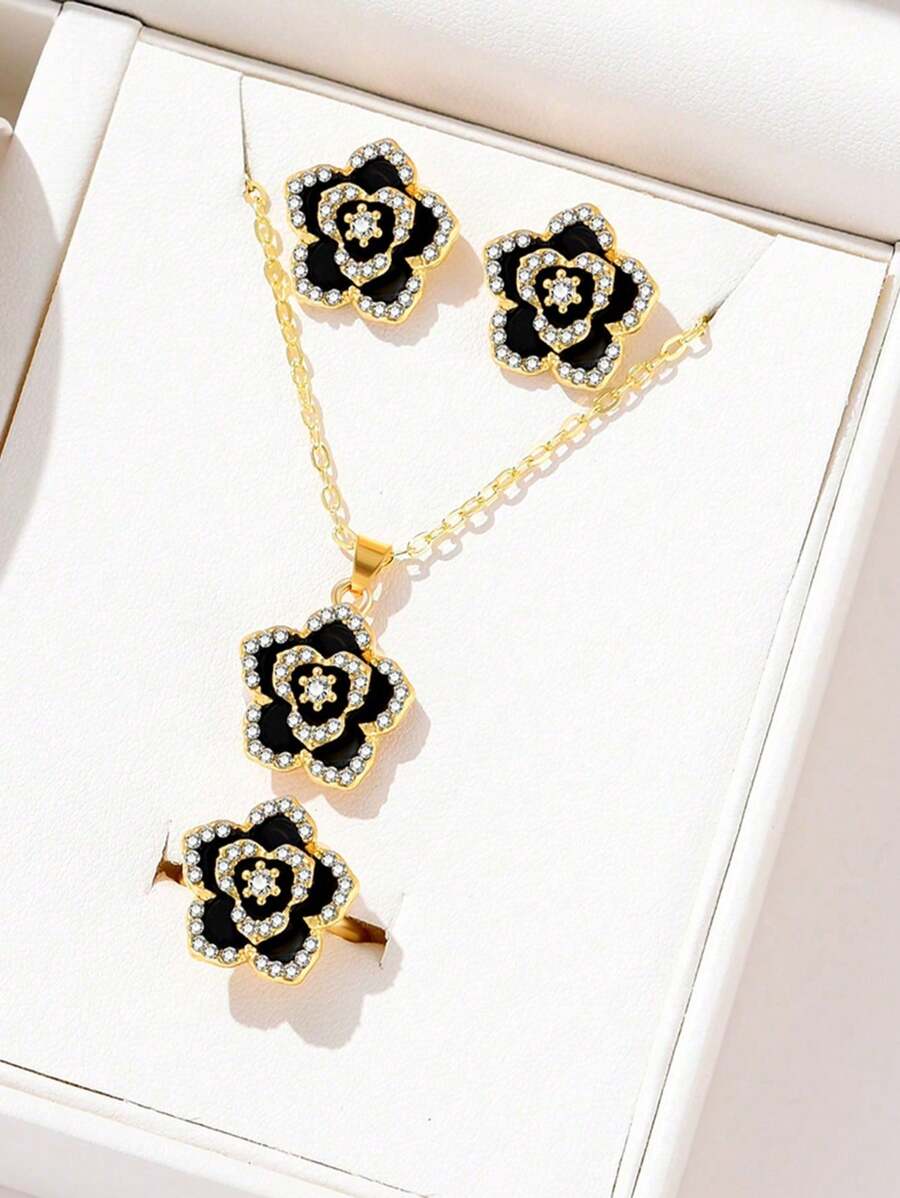 Conjunto de 4 joias de flores da moda com strass, colar de camélia elegante e versátil, brincos e anel adequados para mulheres, uso diário, festas e trajes festivos