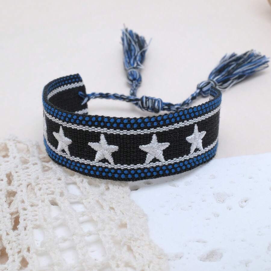 1 pieza Brazalete bohemio hecho a mano con decoración de estrella, borlas trenzadas, estilo casual adecuado para amigos, familiares, estudiantes, regalos festivos, fiestas, uso de viaje