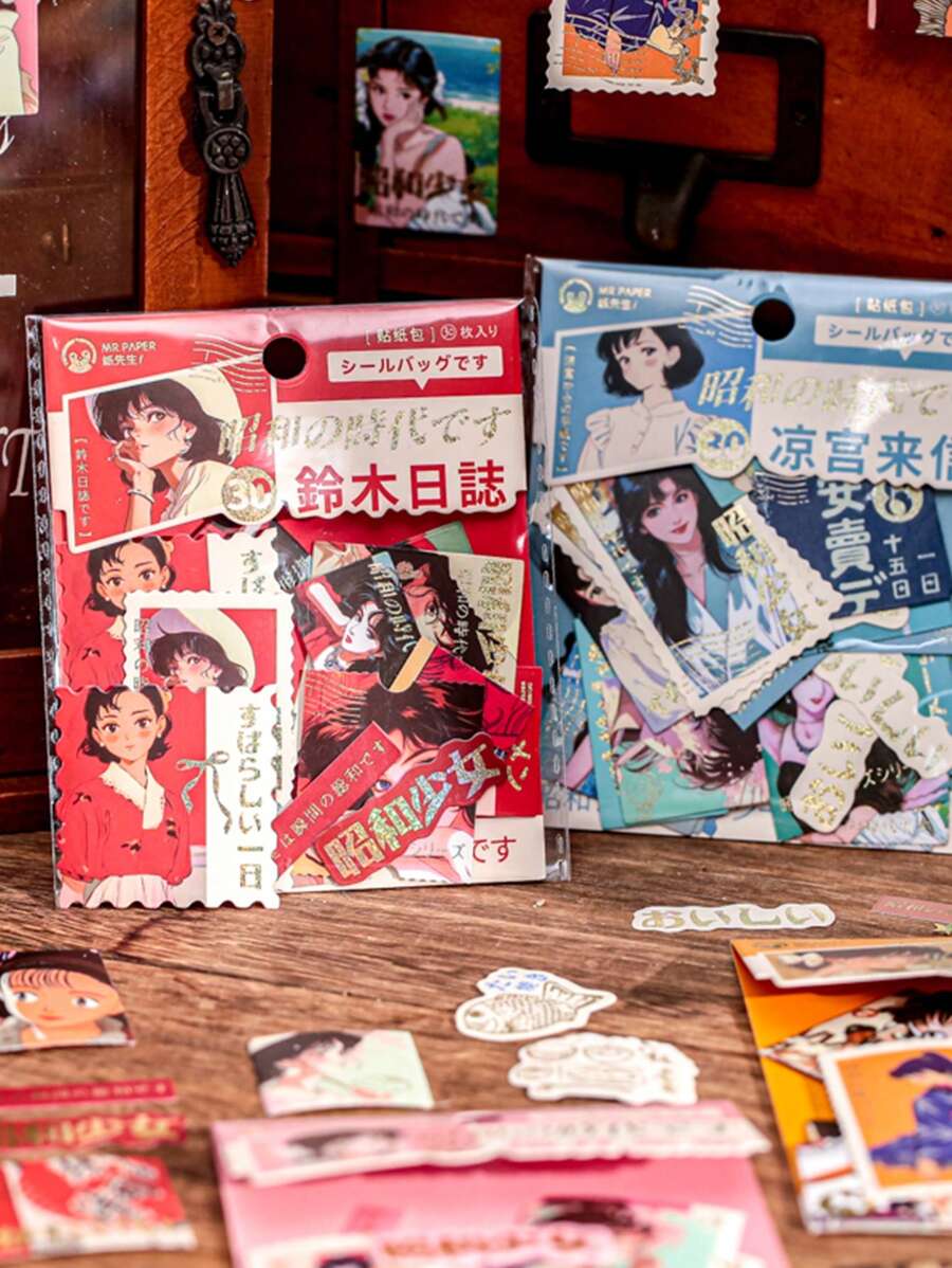 30 Stücke Anime-Charakter-Themen dekorative Aufkleber-Set, Showa-Ära Serie, geeignet als Geschenk, für Büro, Zuhause, Markierung, Beschriftung, Klassenzimmer, Unterhaltungsspielzeug, Studentenplaner kreative Retro-Memo-Dekoration Aufkleber, DIY Deko Schulbedarf, Schulanfang