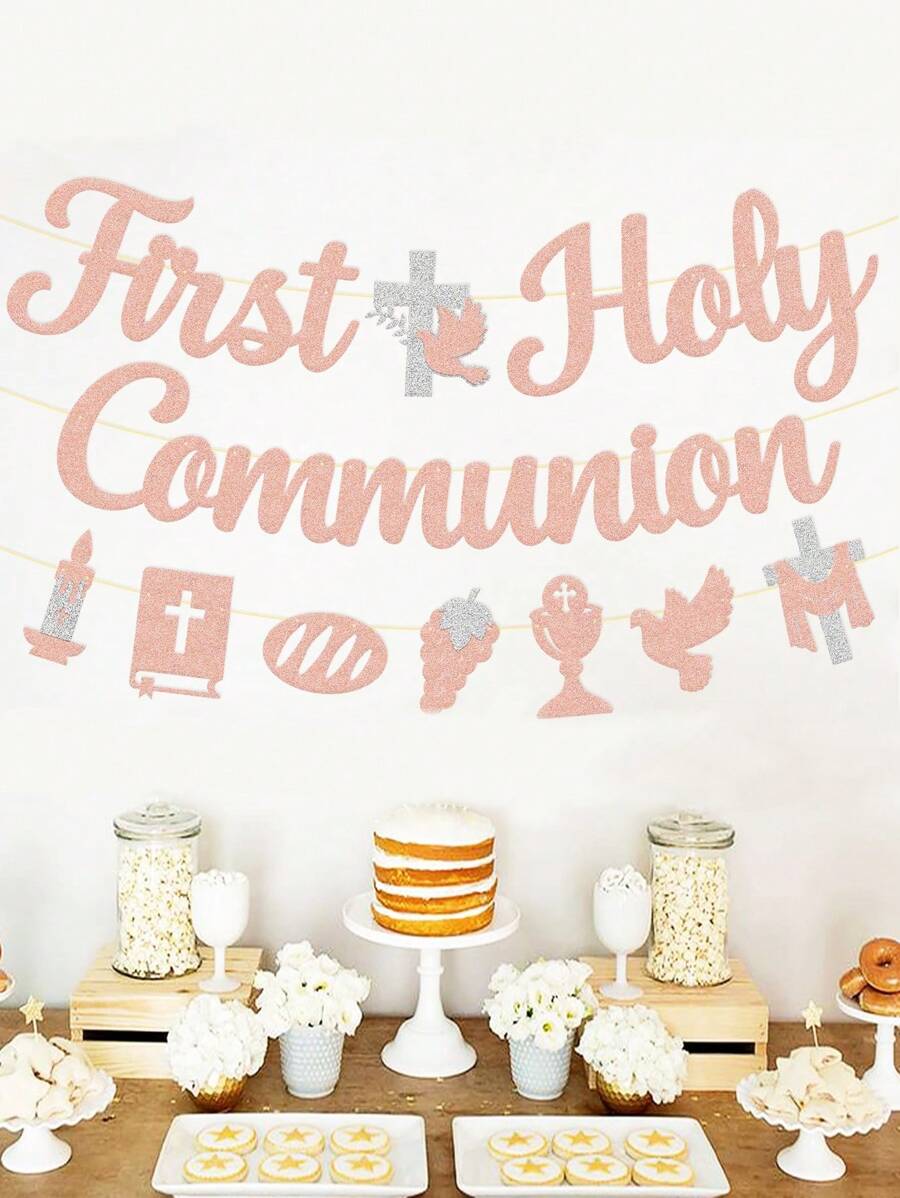3pcs First Communion Banner, Baptism Religious Cross God Bless Christening Symbol Party Decorations, Shower Party Supplies