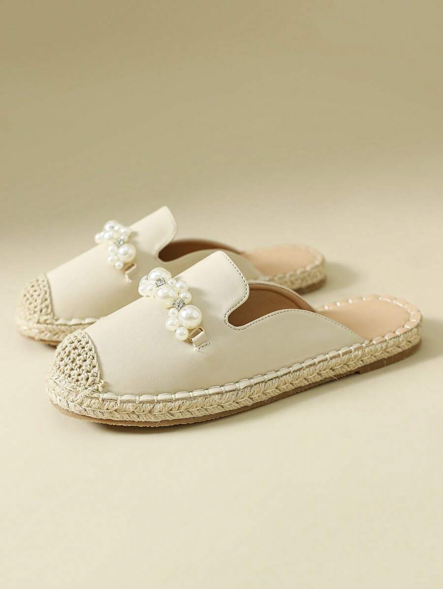 1 Pair Women's Open Toe Slip-On Flats, Bohemian Pearl Decor Fisherman Slides Casual Mules Summer Sandals