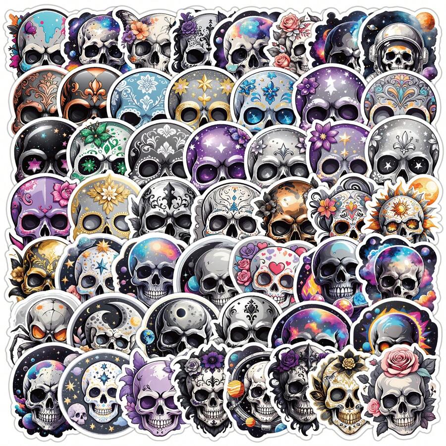 50 Stücke personalisierte Cartoon Totenkopf Graffiti Aufkleber, geeignet zum Dekorieren von Skateboards, Gepäck, Kühlschränken, iPads, Telefonen, Trinkbechern, Gitarren, Schränken, Wänden, Fotoalben, Tagebüchern, Autos, Helmen und anderen Alltagsgegenständen, geeignet für Erwachsene und Jugendliche, Schulmaterial, Rückkehr zur Schule