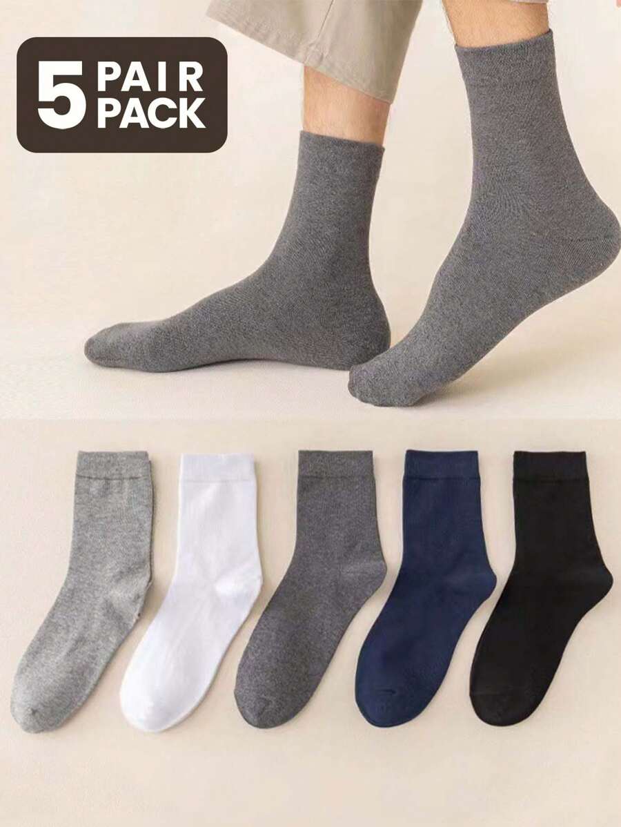 1/5 Pares de Meias Casuais de Meia-Altura de Cor Sólida, Confortáveis e Macias para Homens, para Todas as Estações