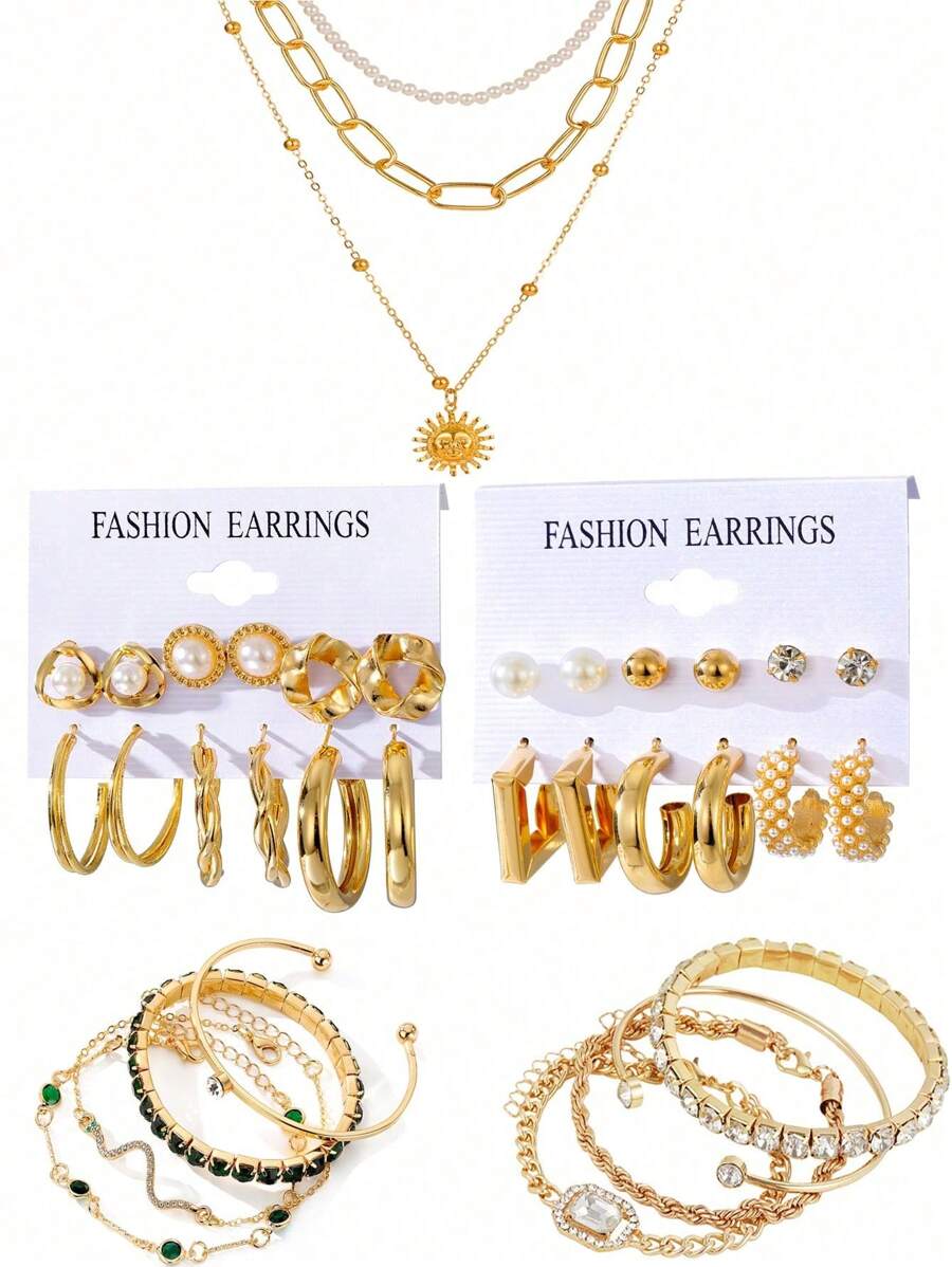 33 pièces Ensemble de bijoux vintage élégant, incluant de fausses perles, boucles d'oreilles géométriques asymétriques exagérées, collier pendentif multi-couches de perles, bracelet et bracelet à forme de serpent en émeraude et strass - convient pour les cadeaux, les fêtes, le port quotidien