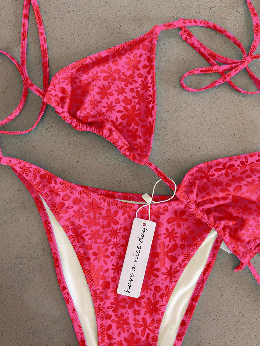 Polovedo Official Women Floral Printed Halter Tie Front Bikini Set, European & American Sexy Style