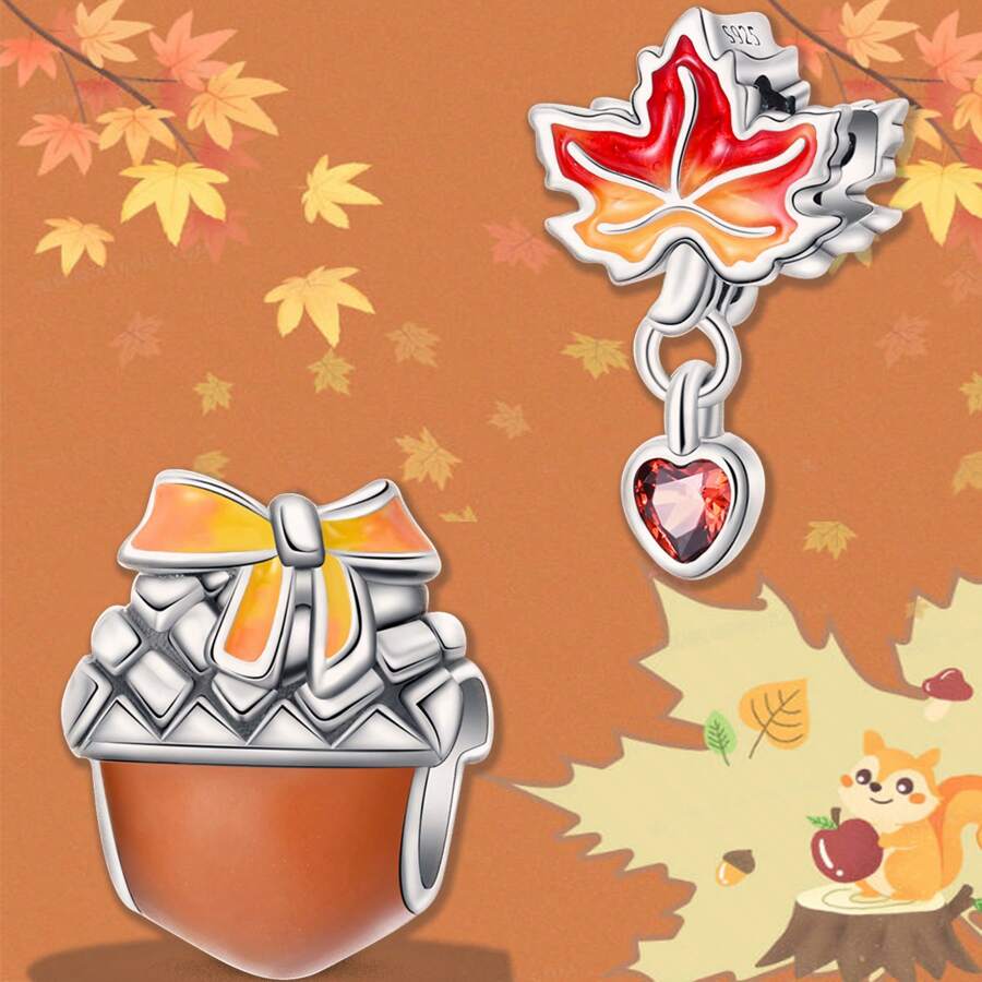 1 pièce Accessoires d'atmosphère automnale en argent sterling S925 Perle pendentif en forme de nœud papillon, feuille d'érable, zircone. DIY pour bracelet, collier. Bijoux pour femmes, assortis aux costumes d'automne et d'hiver, cadeaux pour anniversaire, Saint-Valentin, remise des diplômes