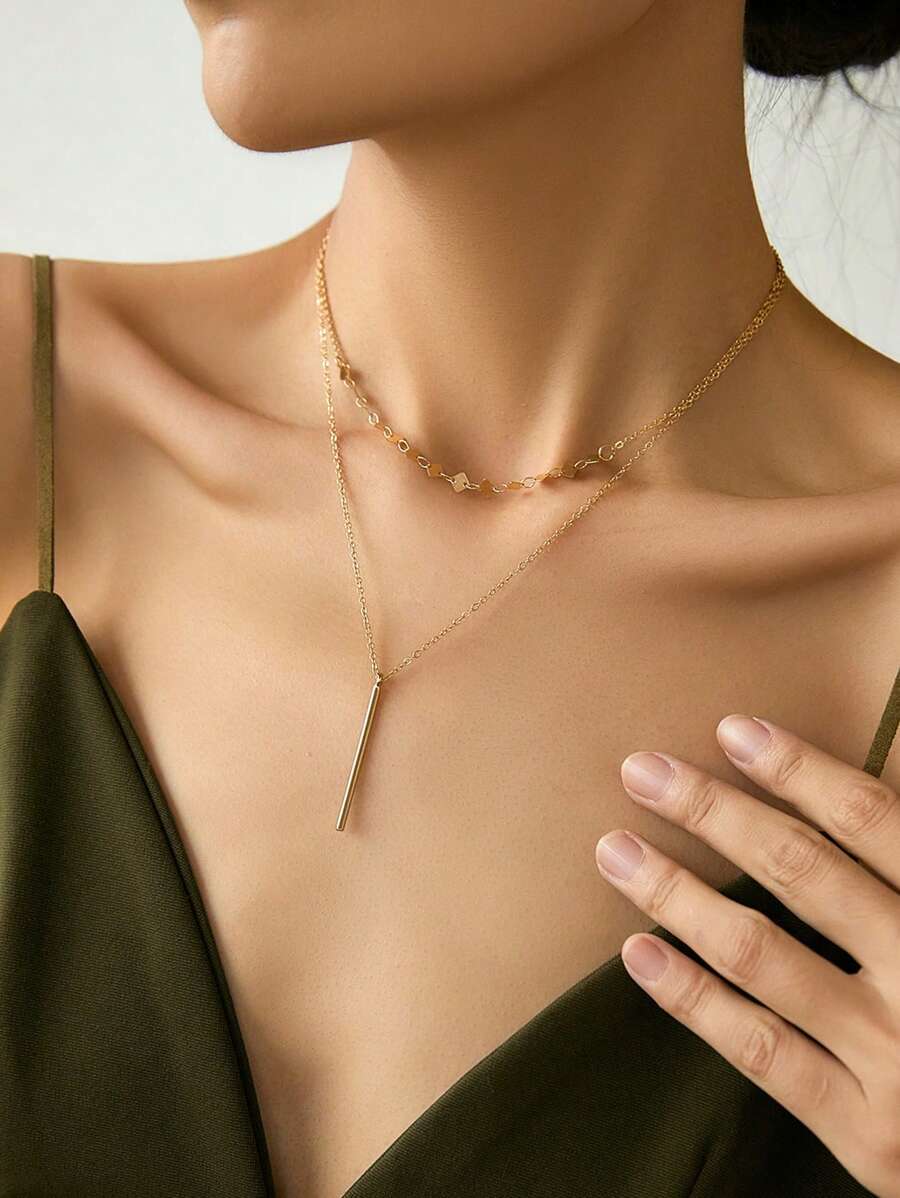 Nooxian 1pc Chic & Elegant Geometric Square Handmade Copper Bar Pendant Necklace For Women, Summery Resort Vibe