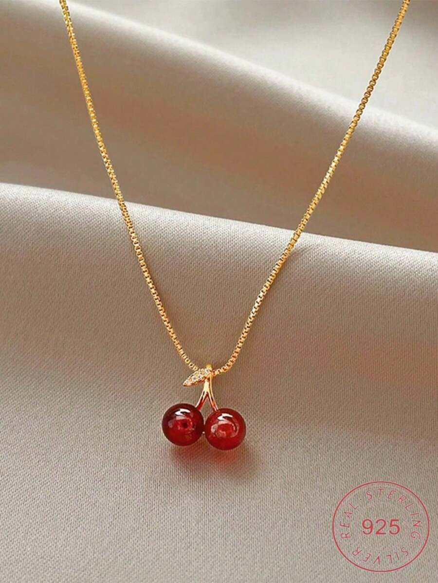 1pc S925 Sterling Silver Sweet Cherry Pendant Necklace, Suitable For Women's Daily And Special Occasion Wear