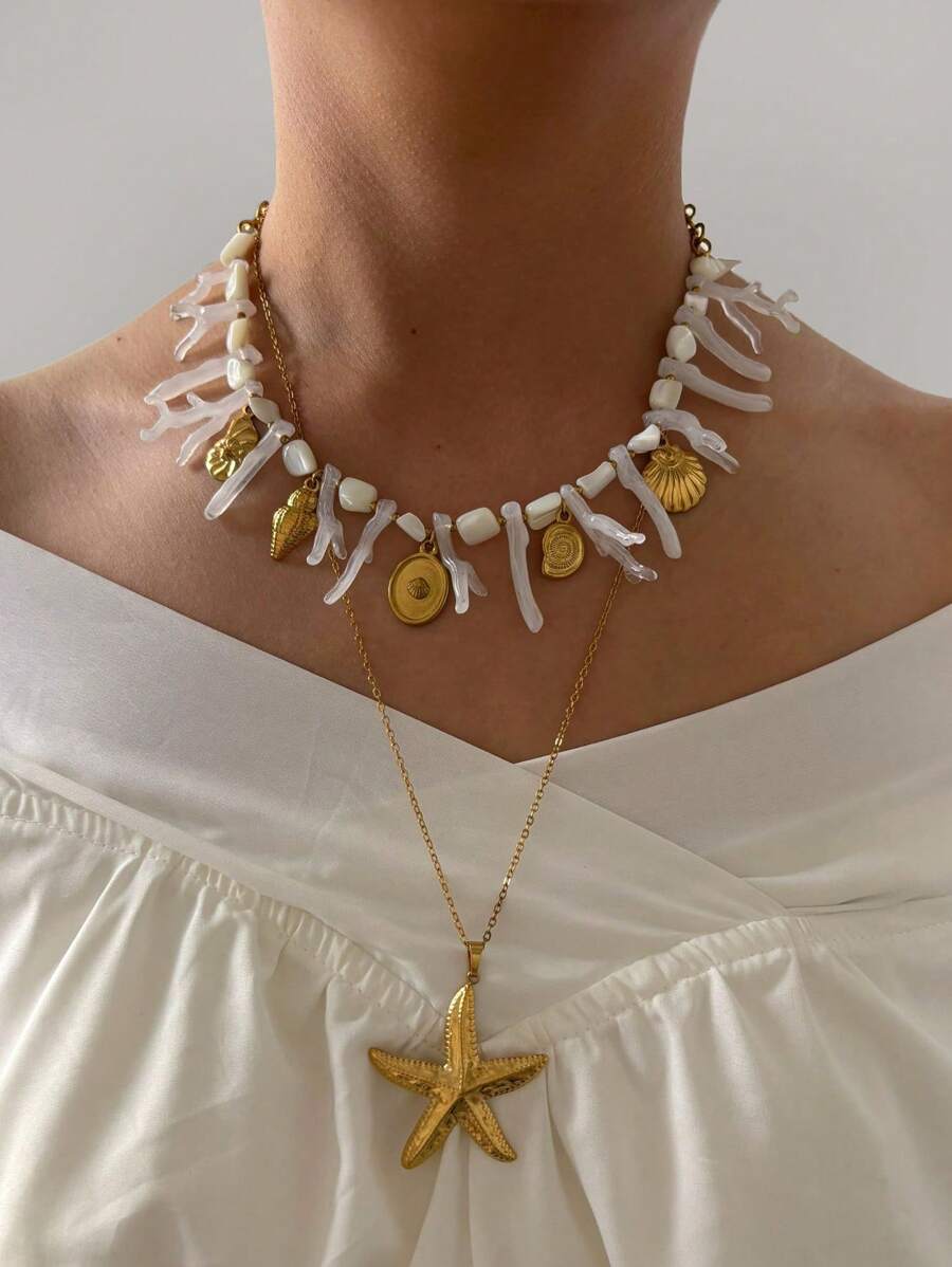 Monlansher Novo colar feminino com pingente de contas, coral e aço inoxidável, feito à mão, com tema de oceano, acessório de moda exagerada para fotografia de praia