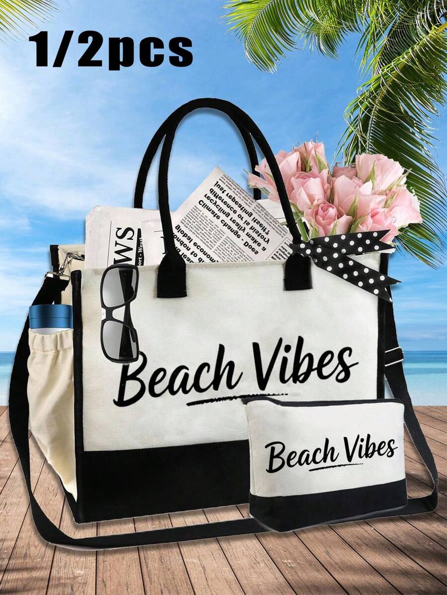 Bolso de mano y bolso, bolso de hombro, impreso con las letras "Beach Vibes", bolso de tarjetas, bolso de tela versátil y portátil para maestros, bolsa de tela para apreciar a los maestros, regalo para mujeres, bolso de almacenamiento casual y portátil, bolsa de compras multifuncional